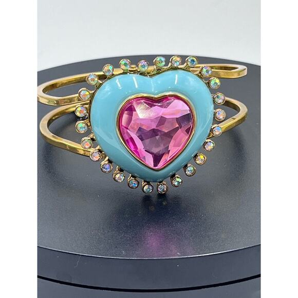 Betsey Johnson Signed Candy Land Pink Heart Rhinestone Blue Enamel Bangle - Picture 2 of 16